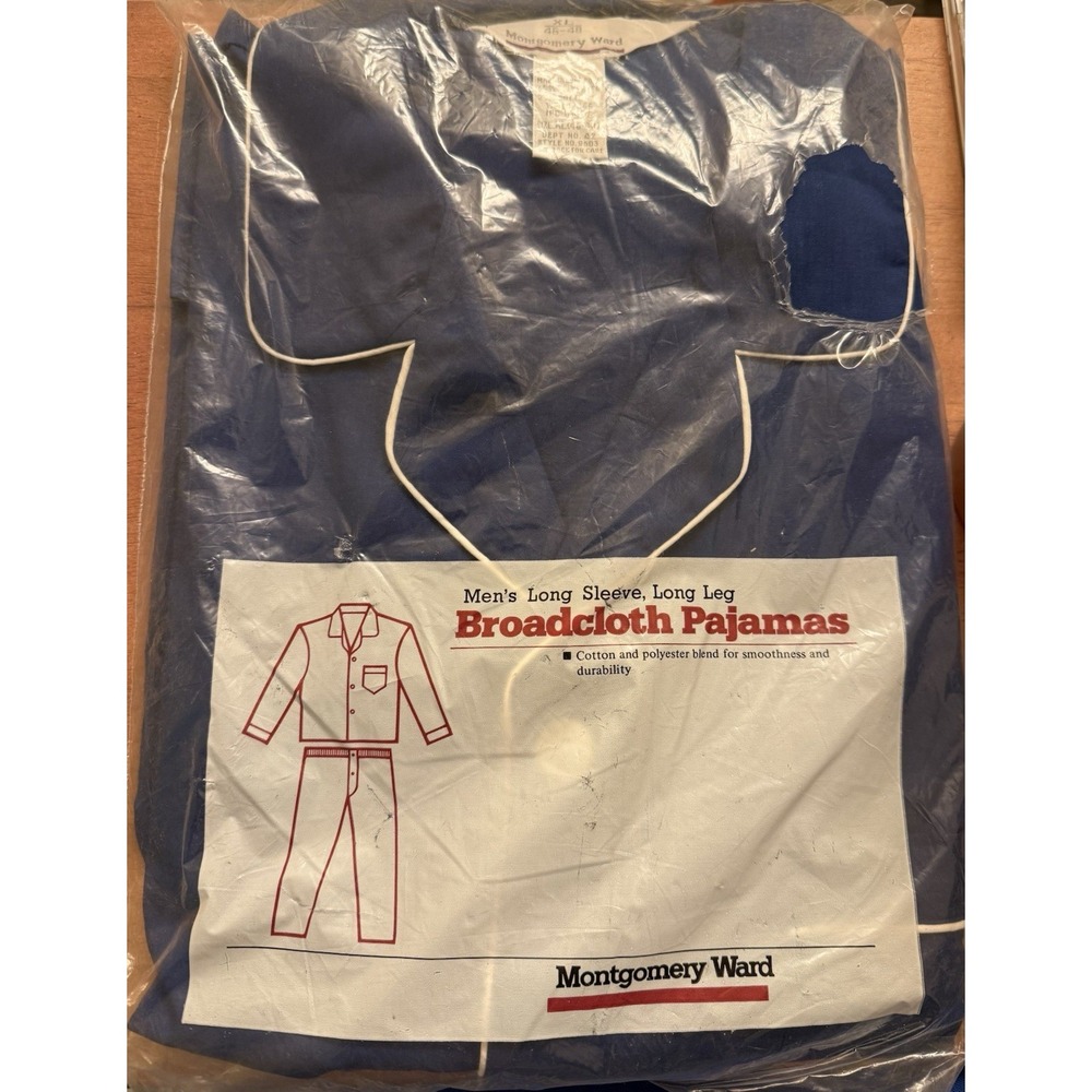 VINTAGE Montgomery Ward Men's Blue Broadcloth Pjs Size XL (45-48) Long SLEEVE